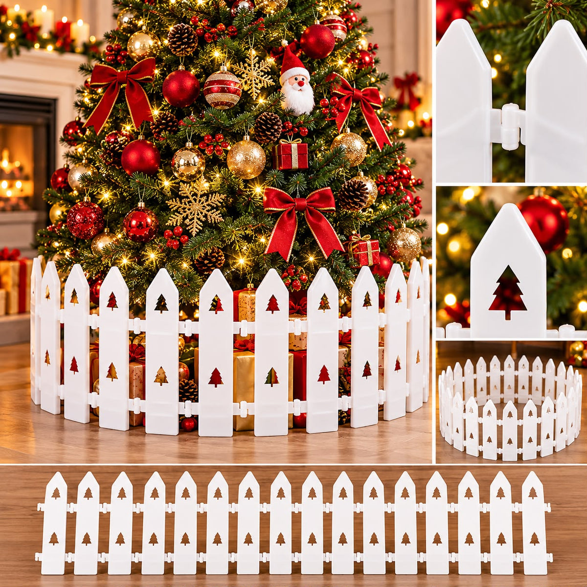 Christmas Tree Fence, White 10 Piece Set 120cm with Festive Cut Outs | Decorative Picket Fence Around the Christmas Tree Base