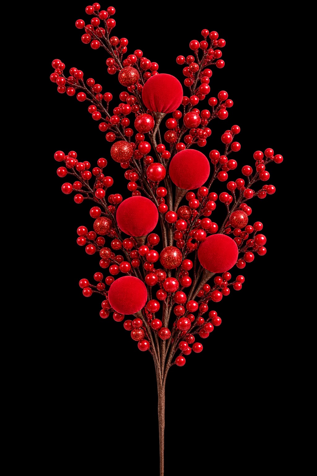 Christmas Red Berry Pick 40cm with Velvet Balls | Decorative Berry Spray for Vases, Centrepieces and Christmas Tree