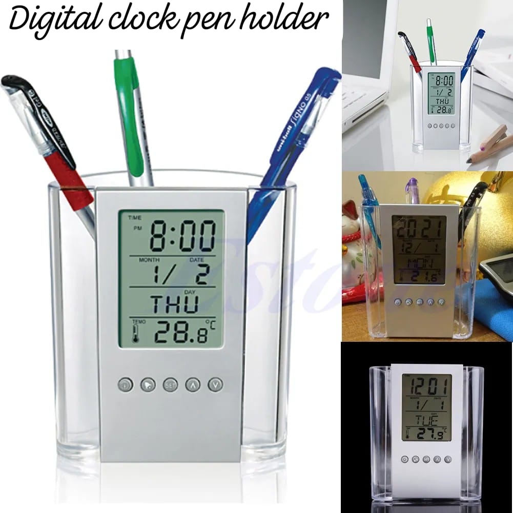 Pen Pencil Holder/organizer, Digital LCD Desk Pen Holder, Calendar, Timer, clock, thermometer Desktop Electronic Office stationary organizer, office giftset, bedroom table organizer