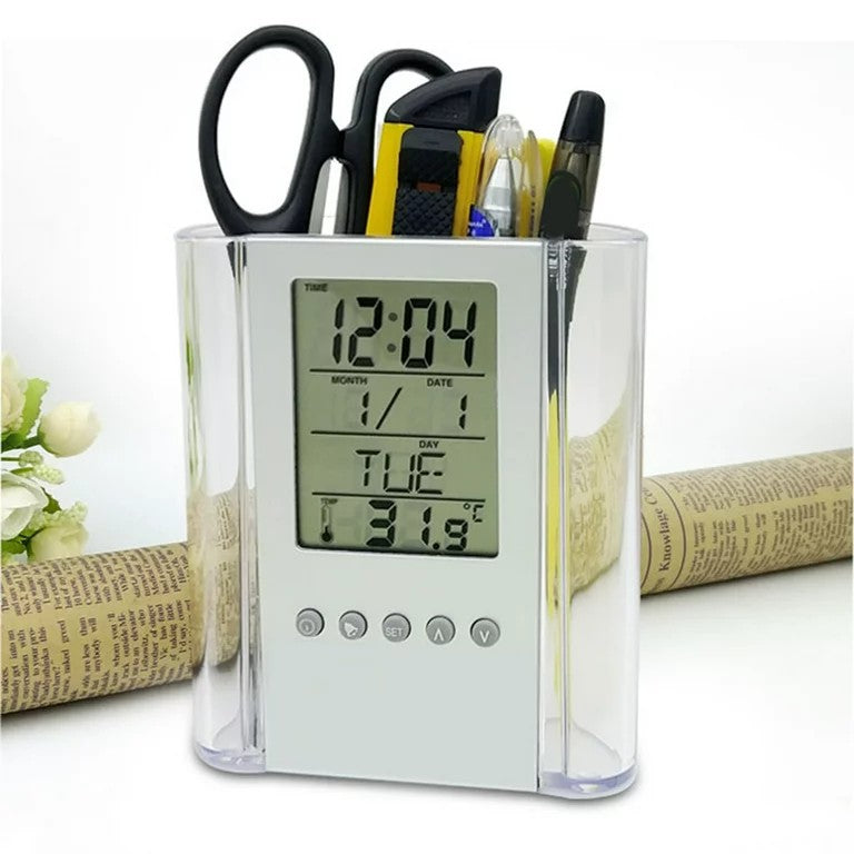Pen Pencil Holder/organizer, Digital LCD Desk Pen Holder, Calendar, Timer, clock, thermometer Desktop Electronic Office stationary organizer, office giftset, bedroom table organizer