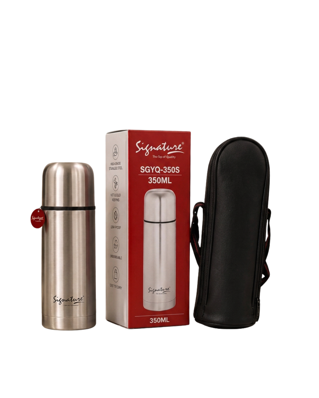 Signature Stainless Steel Vacuum Flask with Bag – Leak-Proof, Compact & Travel-Ready