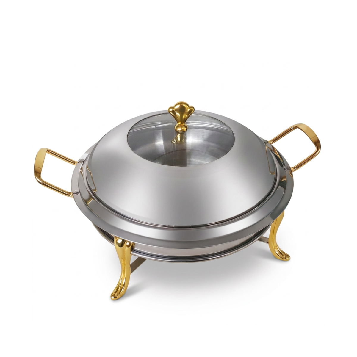 Round stainless steel chafing dish 4L with glass window lid and gold handles