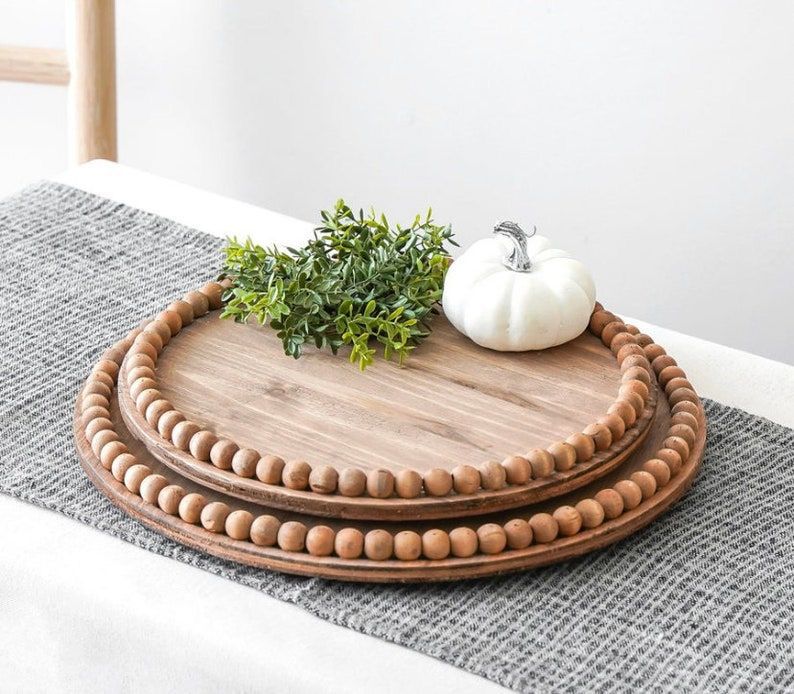 Rustic Wooden Round Beaded Tray