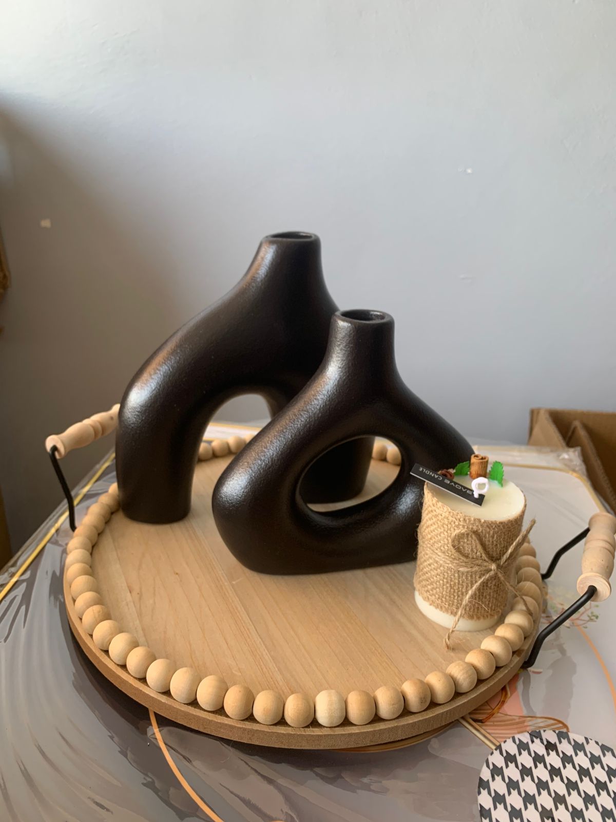 Rustic Wooden Round Beaded Tray