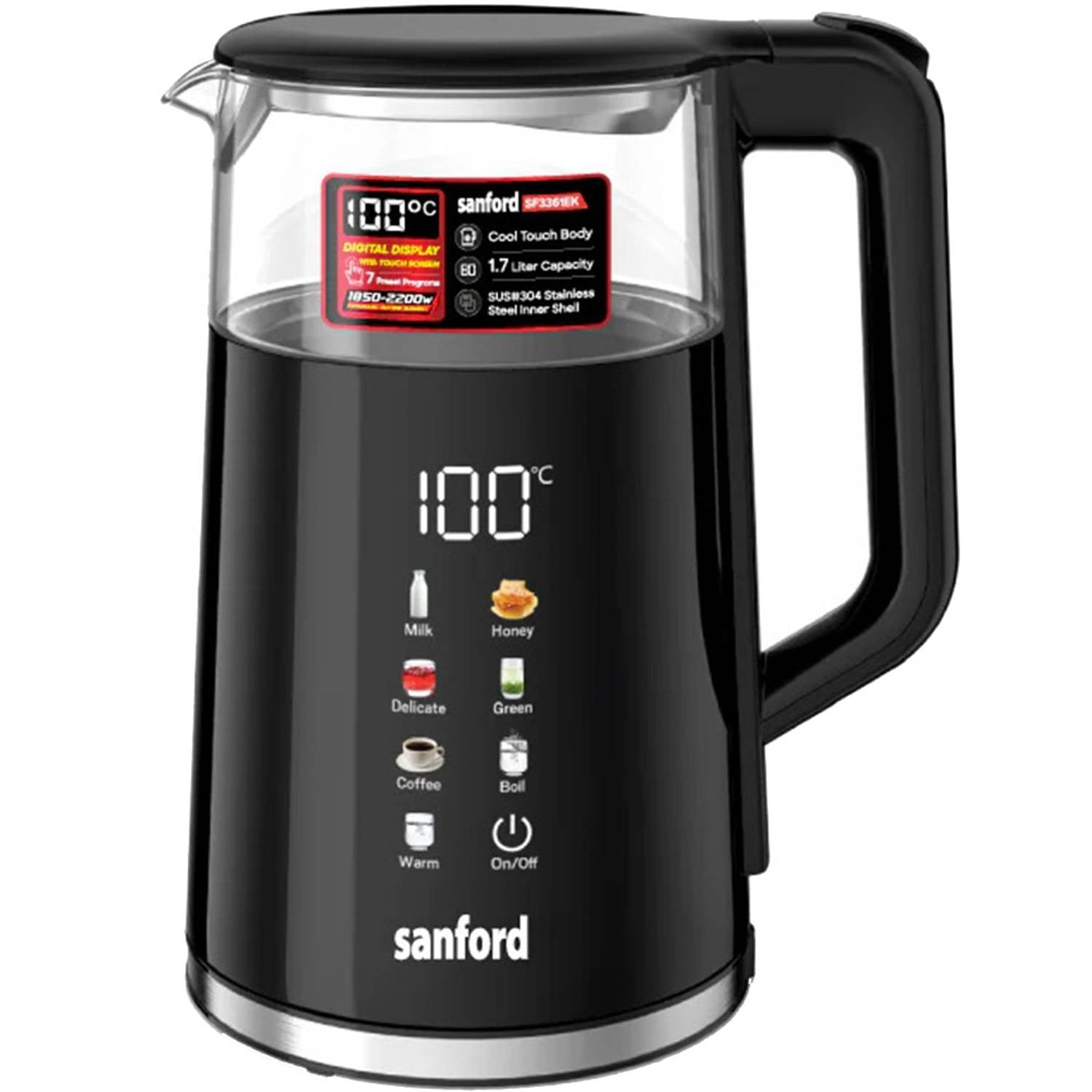 Sanford Premium 1.7L Smart Kettle 1850W-2200W Double Layer Cordless Electric Kettle with Digital Touch Screen, Auto Lid, 7 Preset Programs & Keep Warm 304 Stainless Steel Heating Element