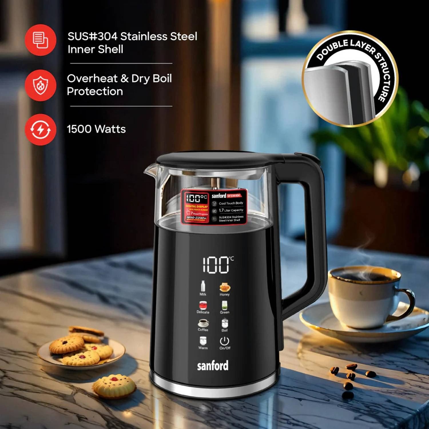 Sanford Premium 1.7L Smart Kettle 1850W-2200W Double Layer Cordless Electric Kettle with Digital Touch Screen, Auto Lid, 7 Preset Programs & Keep Warm 304 Stainless Steel Heating Element
