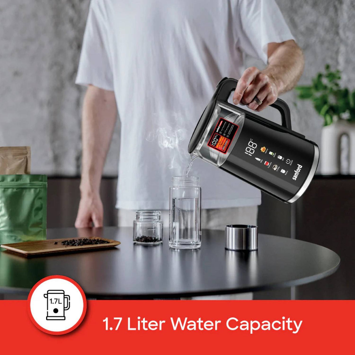 Sanford Premium 1.7L Smart Kettle 1850W-2200W Double Layer Cordless Electric Kettle with Digital Touch Screen, Auto Lid, 7 Preset Programs & Keep Warm 304 Stainless Steel Heating Element