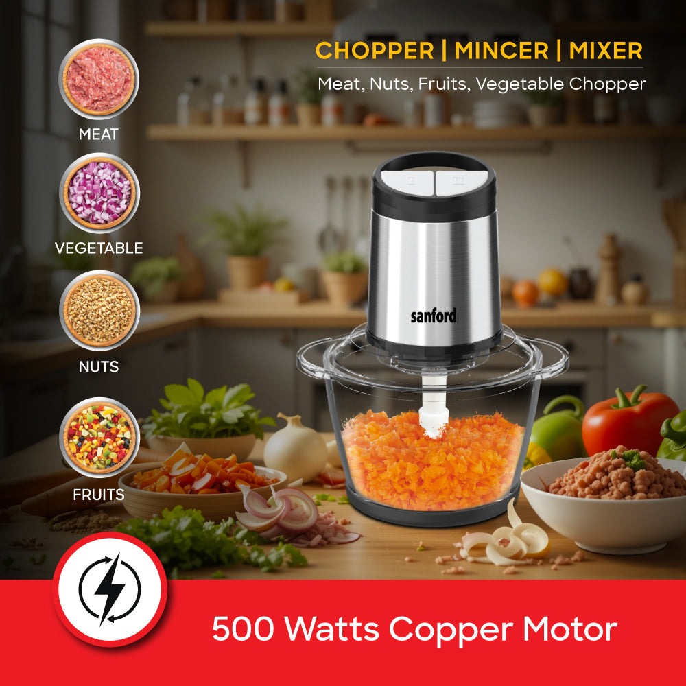 Sanford 1.2L 500W Electric Food Chopper with Glass Bowl and 2-Speed Control