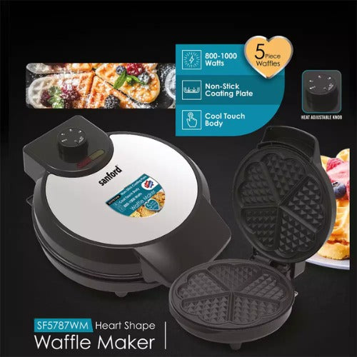 Sanford Heart Shape Waffle Maker – Makes 5 Waffles at Once | Non-Stick, Thermostatic Control | Cool-Touch | 2-Year Warranty