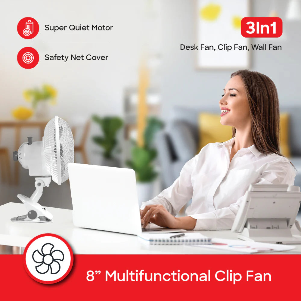 Sanford 3-in-1 Fan – Desk, Clip & Wall Mount | 360° Rotation | 2-Speed Silent Motor | 45W Power