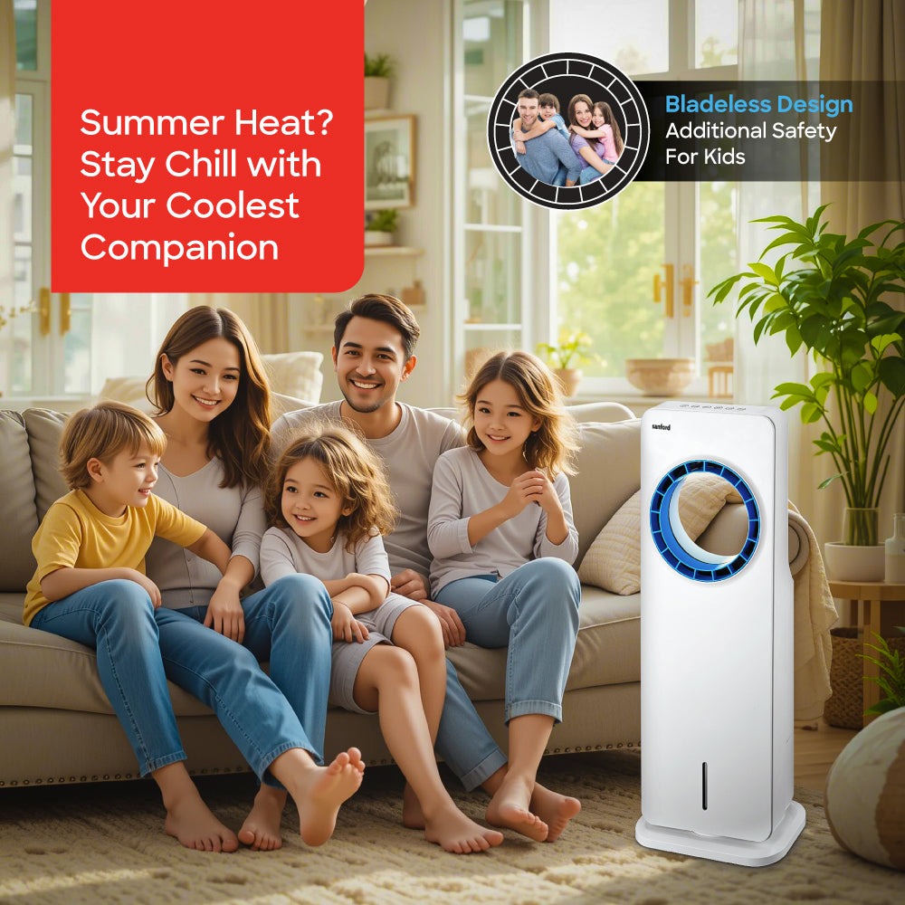 Sanford Bladeless Air Cooler 3.5L Tank 4 Wind Modes 70° Oscillation Remote Control 2 Year Warranty