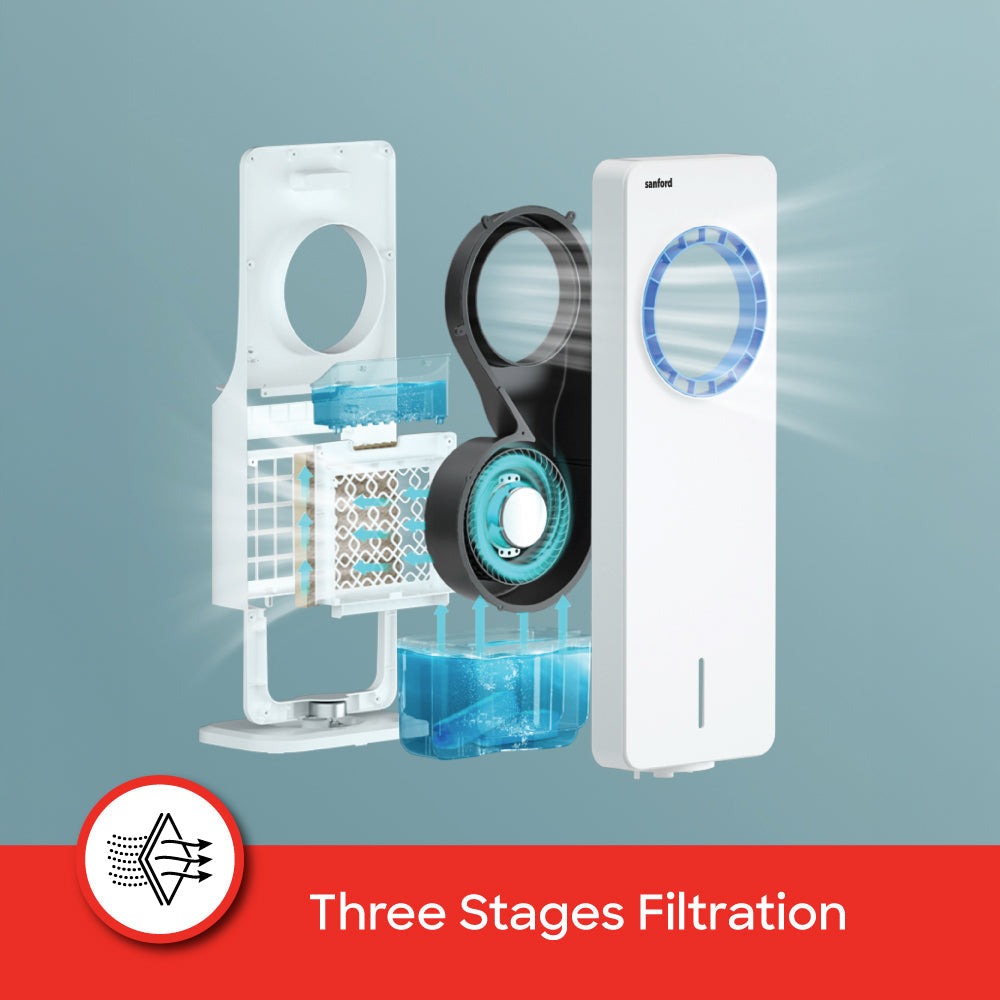 Sanford Bladeless Air Cooler 3.5L Tank 4 Wind Modes 70° Oscillation Remote Control 2 Year Warranty