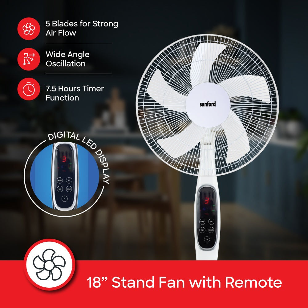 Sanford 18-Inch Stand Fan | 60W Heavy-Duty Motor | LED Display & Remote | 3-Speed | 7-Hour Timer