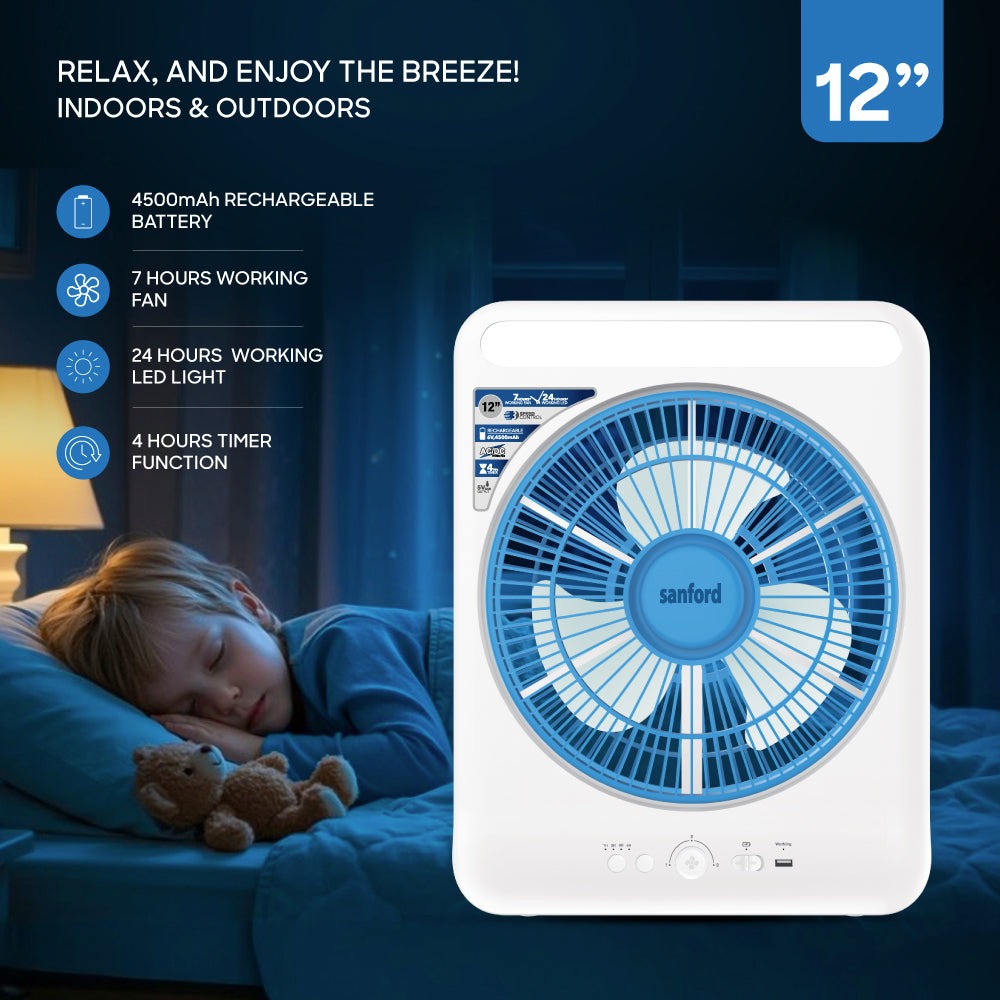 Sanford 12” Rechargeable Box Fan with LED Light and 4500mAh Battery – 3-Speed AC/DC Fan with 24 LEDs and 4H Timer24 LED | Up to 24H Runtime