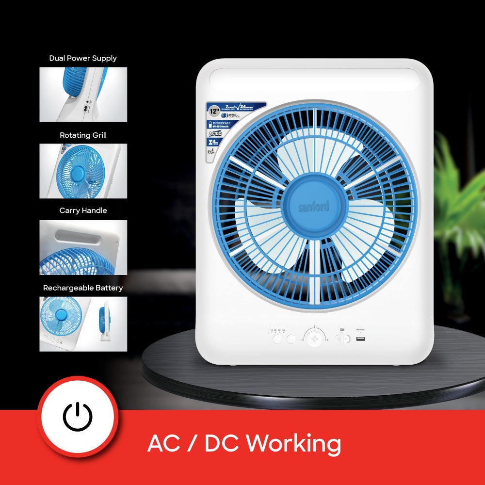 Sanford 12” Rechargeable Box Fan with LED Light and 4500mAh Battery – 3-Speed AC/DC Fan with 24 LEDs and 4H Timer24 LED | Up to 24H Runtime