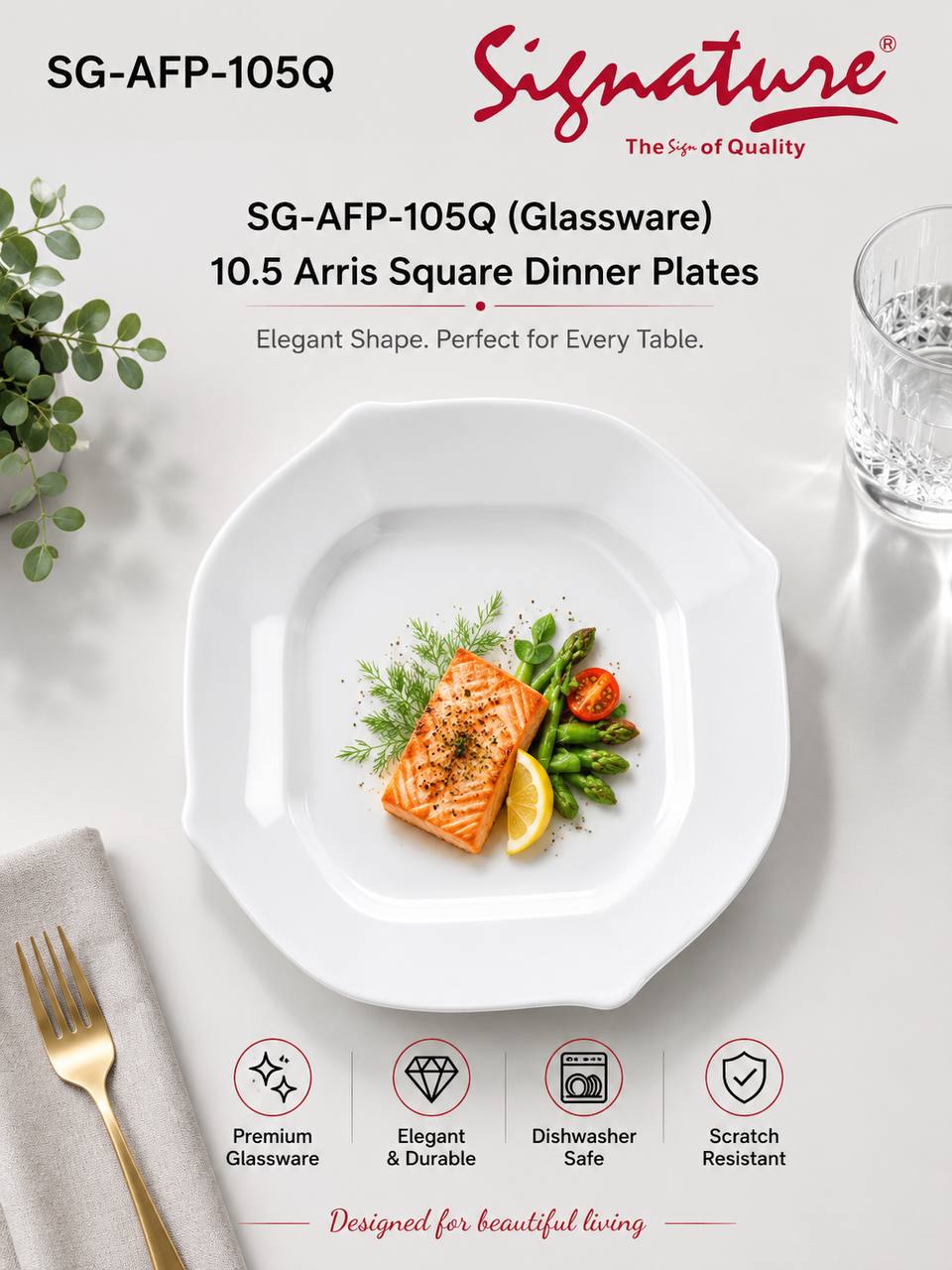 Signature Arris Square Glassware Plates โ Scratch-Resistant & Dishwasher Safe - 10.5 inch Dinner Plate