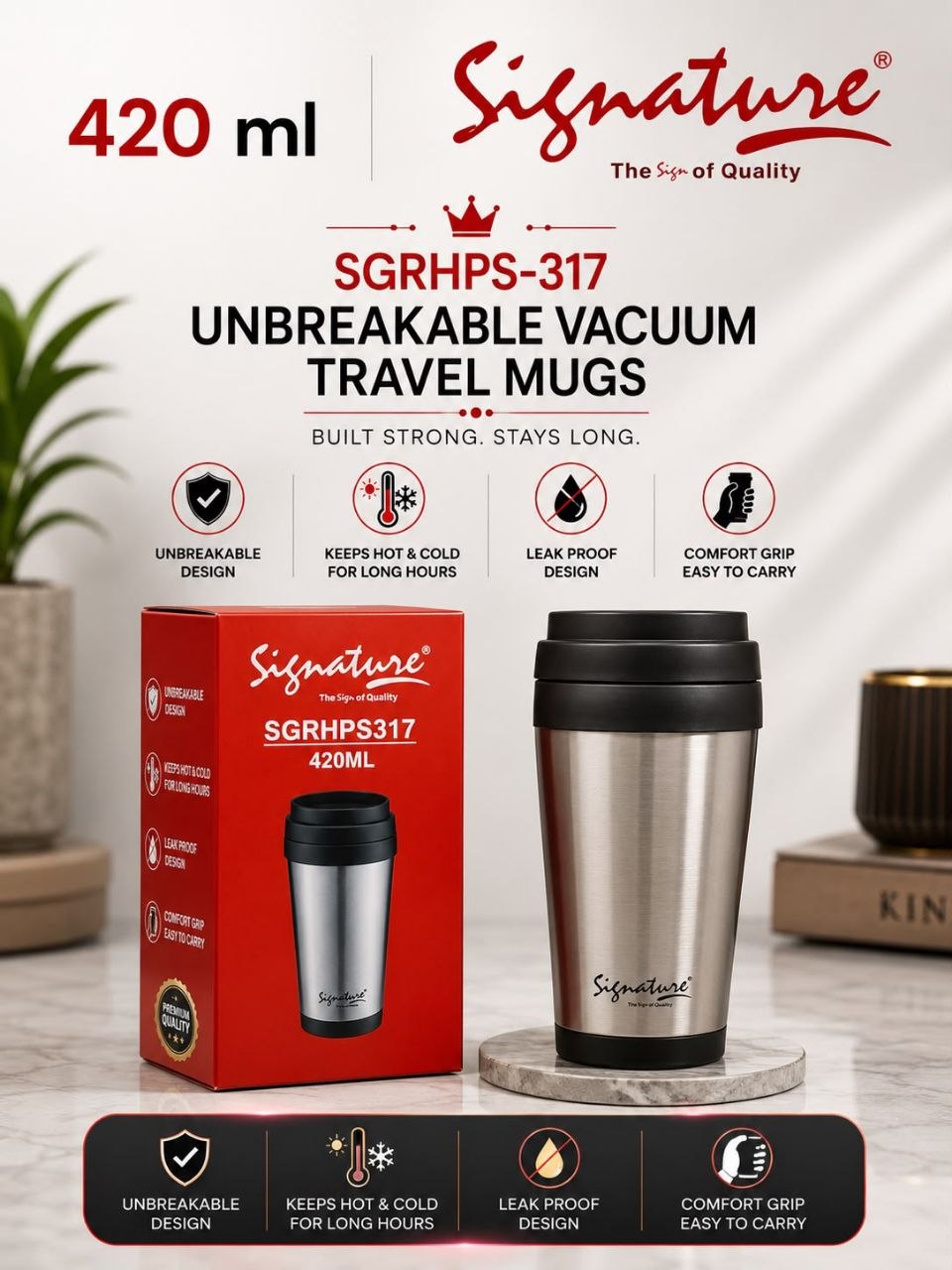 Signature 420 ml Unbreakable Vacuum Travel Mug โ Double-Wall Insulated - Silver โ Smooth