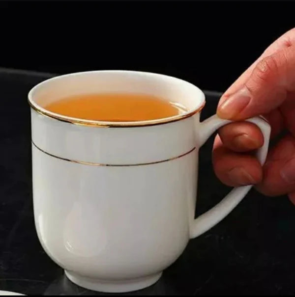 6pcs White ceramic teacup with a golden rim