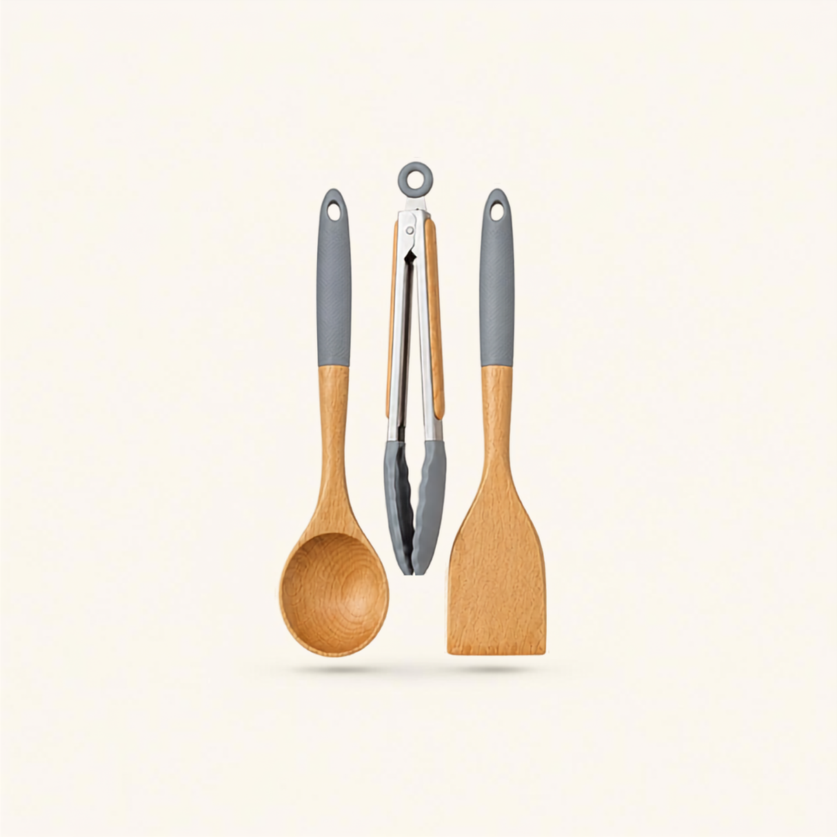 3 Piece Wooden Kitchen Utensil Set Kenya | Mwiko Serving Spoon, Turner & Tongs with Black Silicone Handles, Non-Scratch Utensils for Non-Stick Cookware