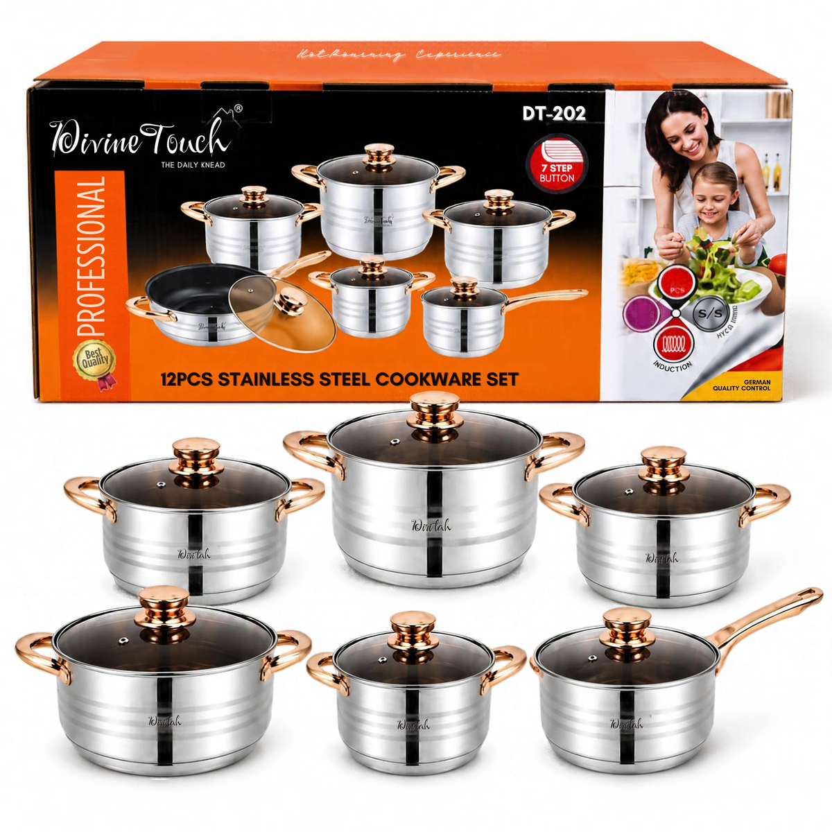 Divine Touch 12 Pcs Stainless Steel Cookware Set DT-202, 7-Step Induction Base, Glass Lids