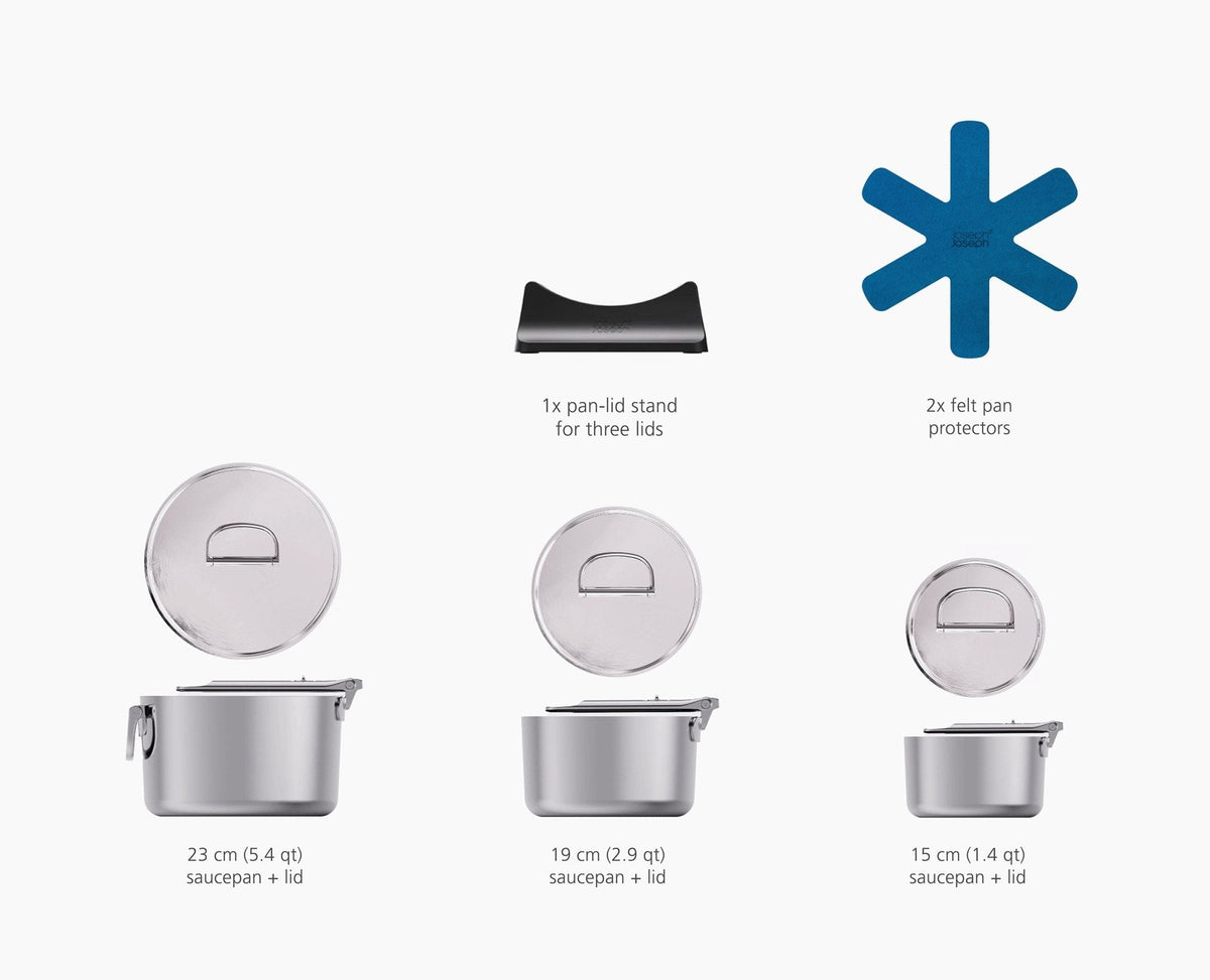 Joseph Joseph Space Steel 3 piece saucepan set with lid stand and felt pan protectors