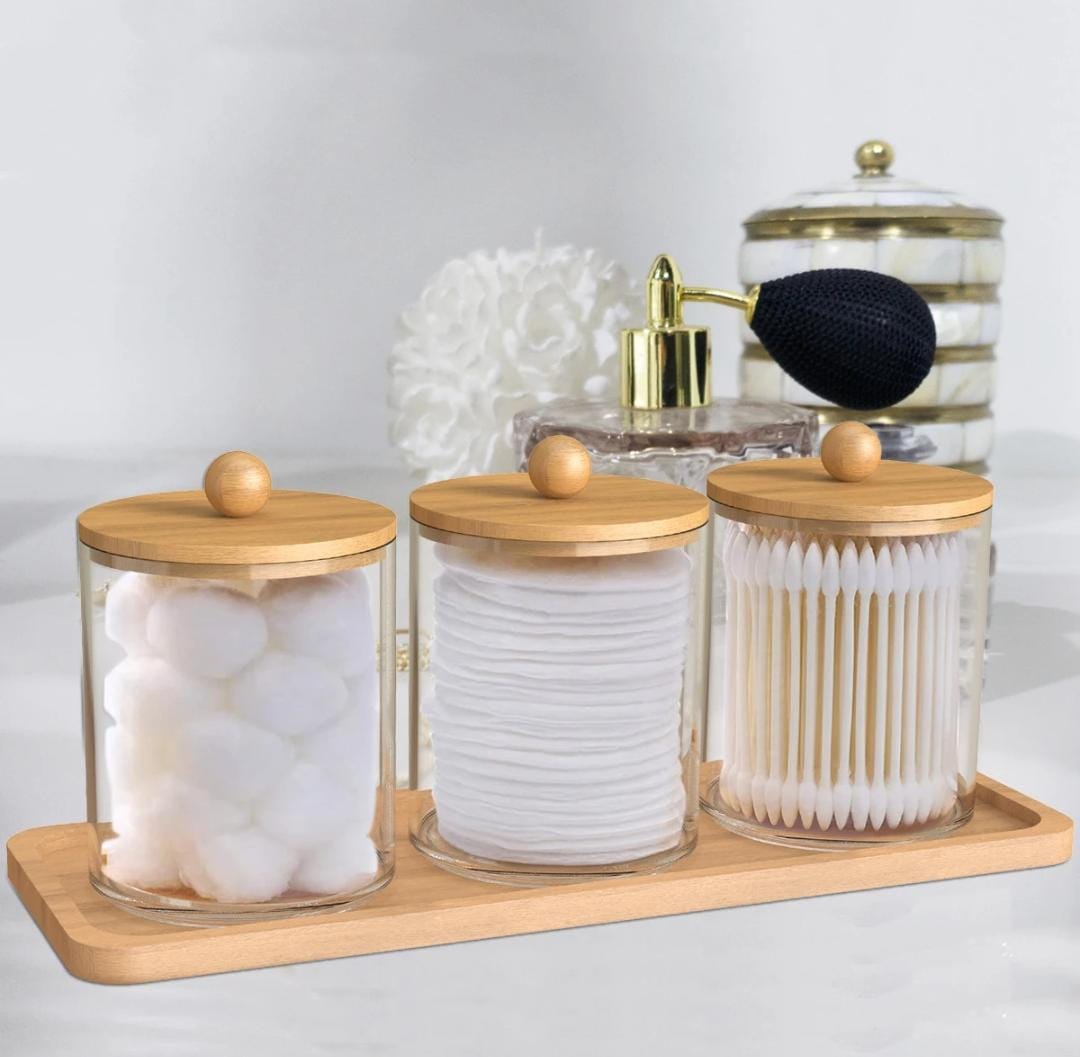 3pcs set acrylic swab storage organizer with Bamboo holder