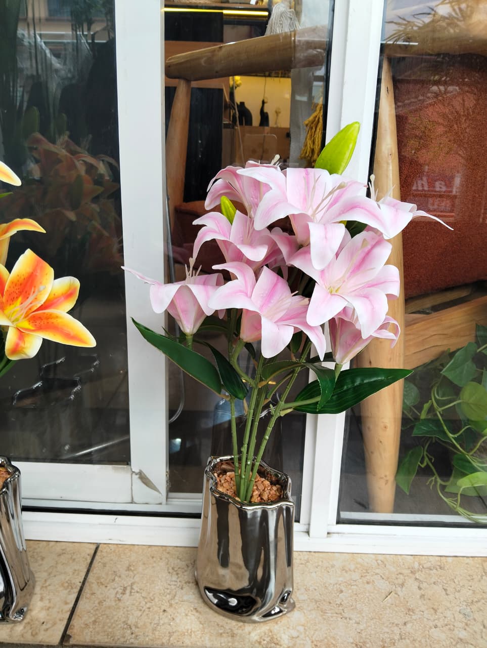 Table Top Big Silver Potted Flowers