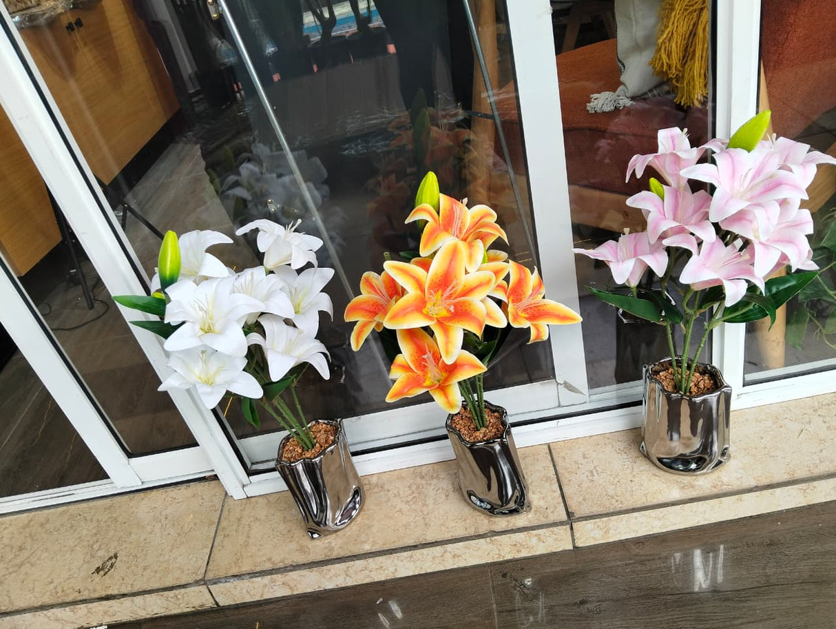 Table Top Big Silver Potted Flowers