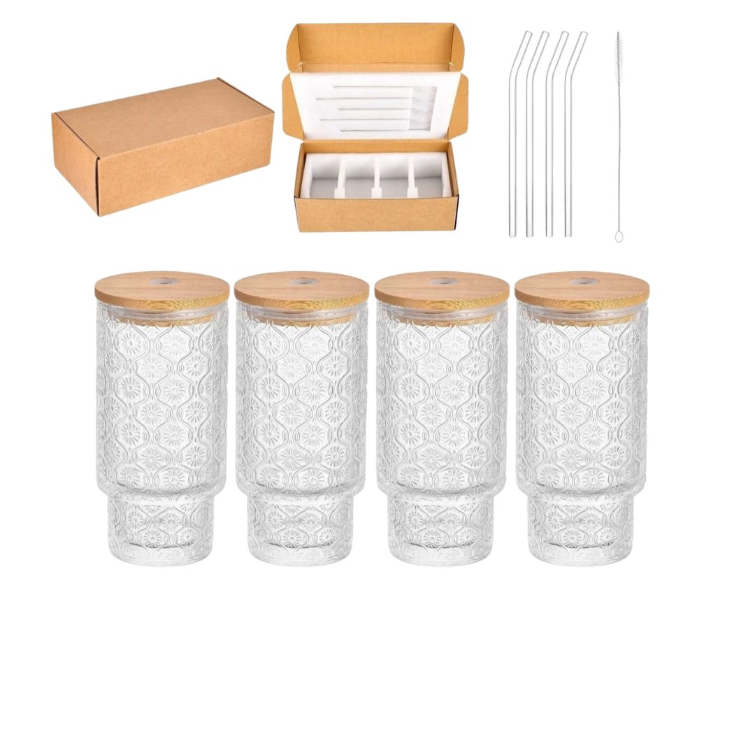 Set of 4 Ribbed Juice Glasses with Bamboo Lids & Straws – 330ml Crystal Highball Cups