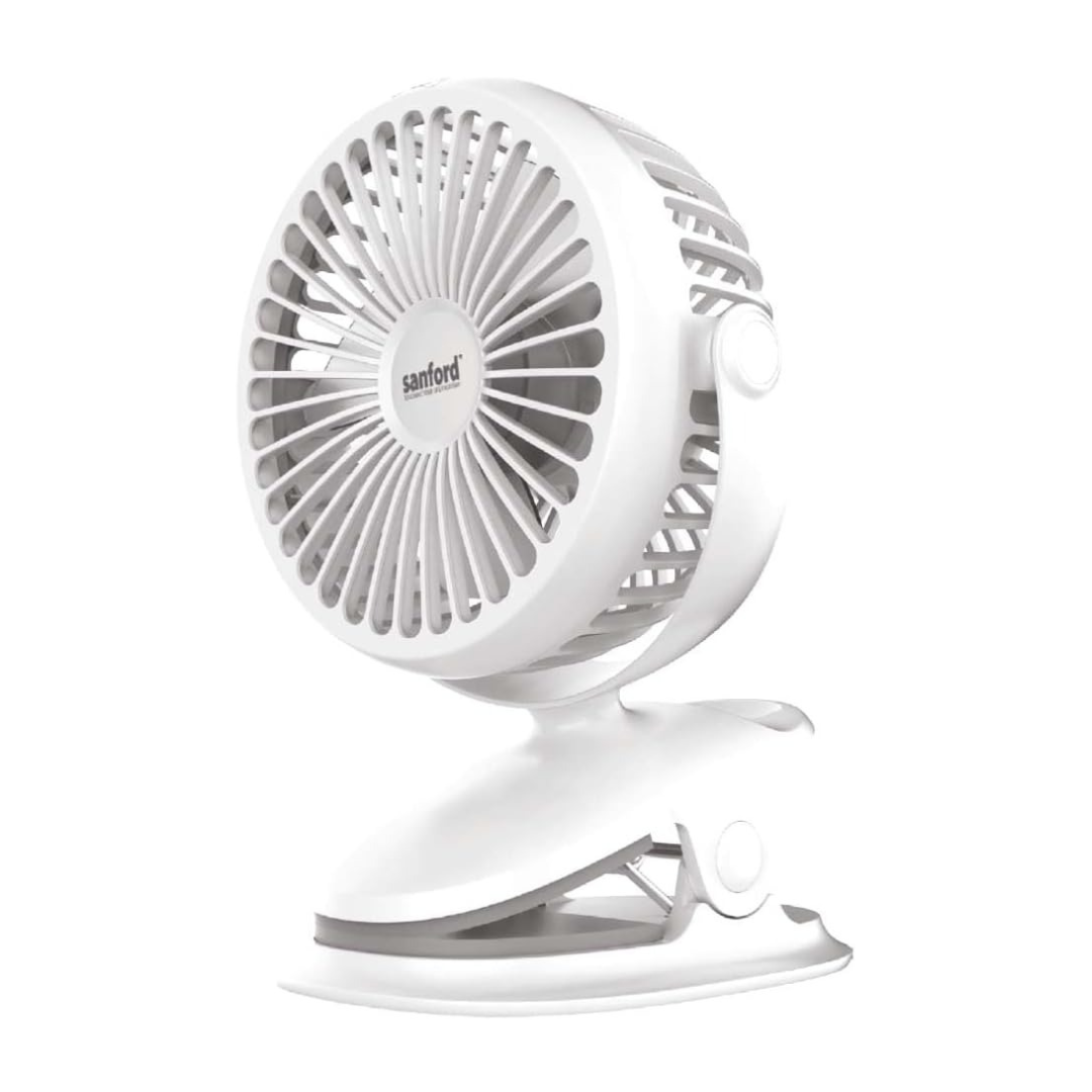 SANFORD Rechargeable Portable Clip Fan – 2000mAh Battery, 5Hr Run Time, 3-Speed, 360° Rotation, Strong Grip Clip, USB Charging