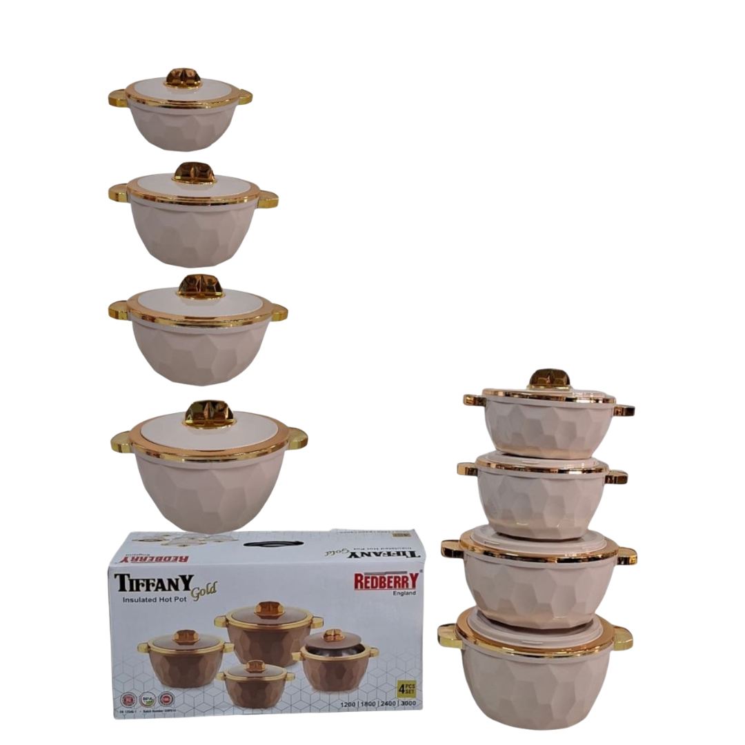 Redberry Tiffany Gold Premium 4-Piece Plastic Designer Hotpot Set (1200ml / 1800ml / 2400ml / 3000ml)