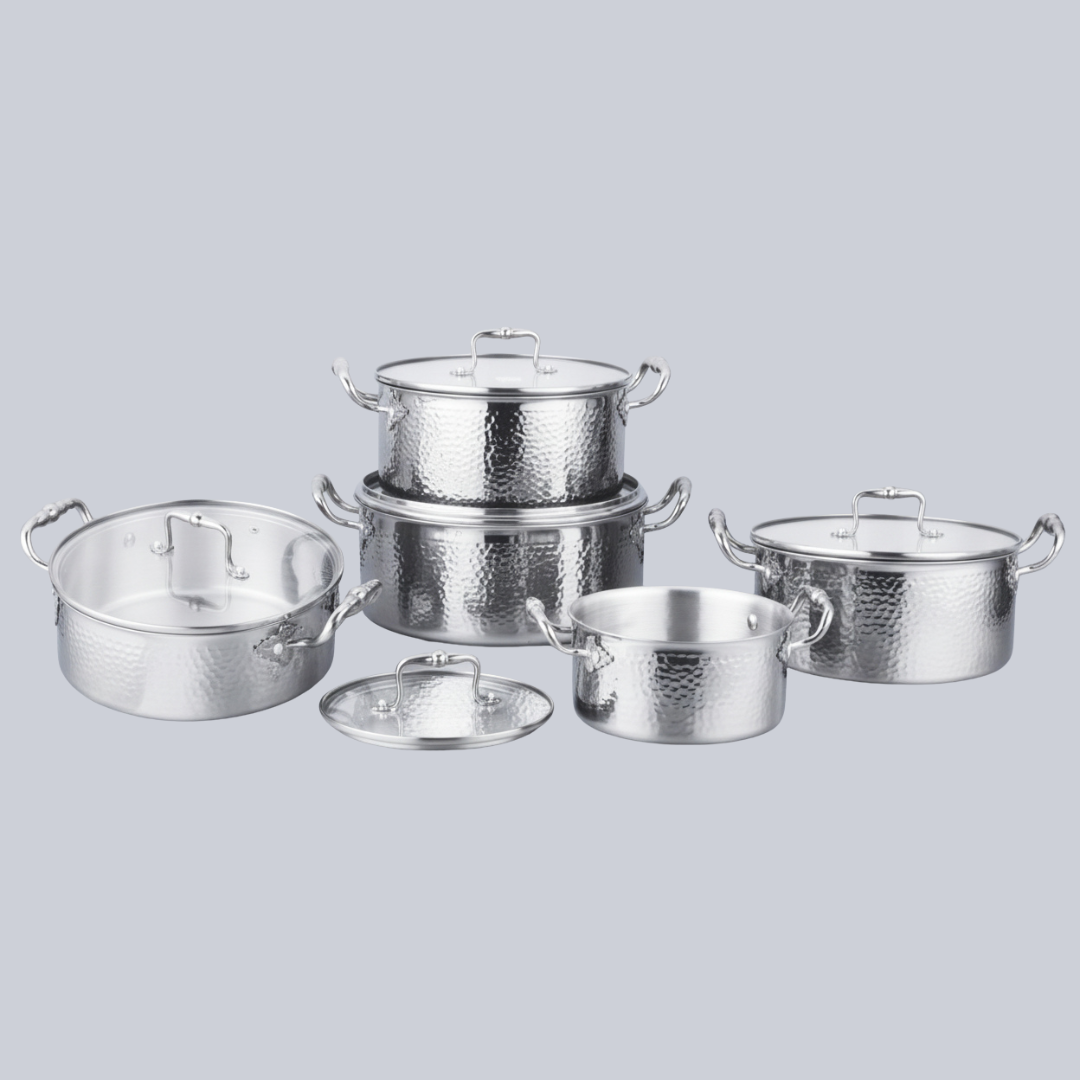 Uakeen Germany 10-Piece Premium Triply Stainless Steel Cookware Set Silver | Hammered Pattern Cooking Pots with Lids, Non-Stick Mirror Polish Casserole Set, Induction Compatible Sufuria Set