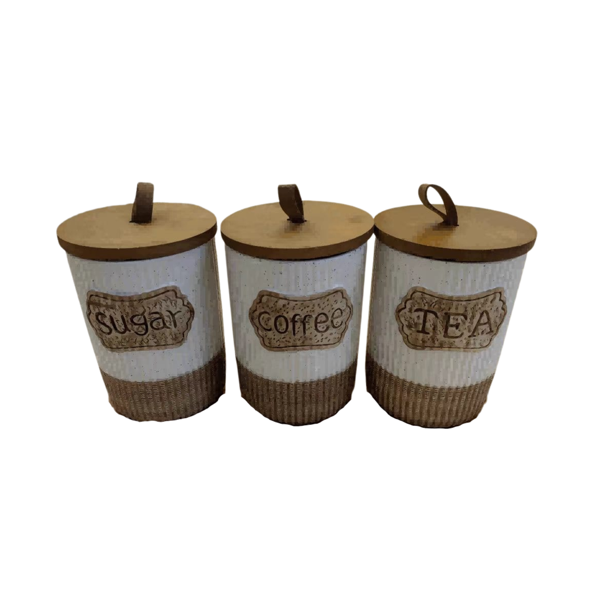 3pc Rustic Speckled Ceramic Canister Set with Wooden Tray – Tea, Coffee & Sugar Jars Kenya
