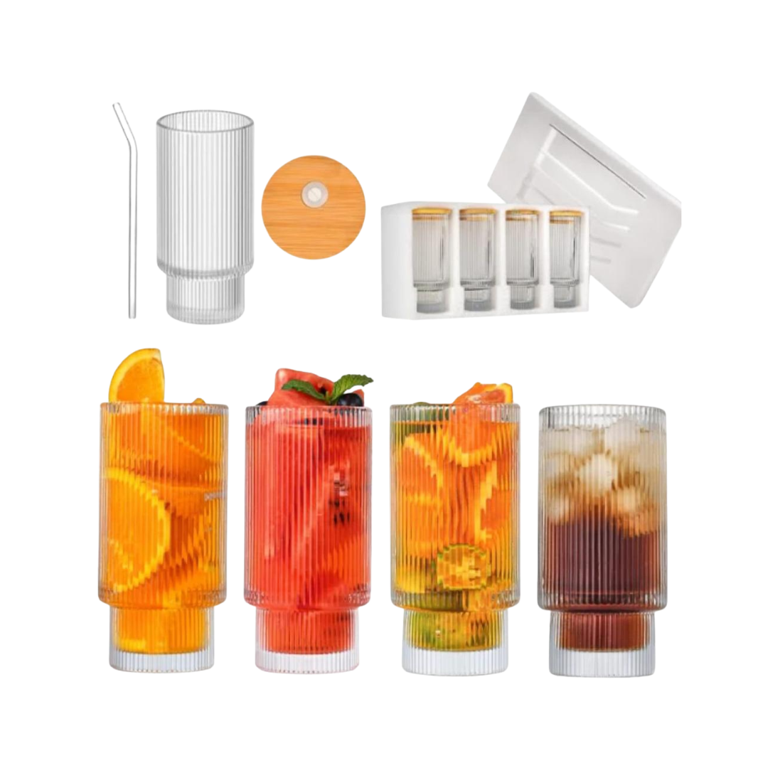 Set of 4 Ribbed Juice Glasses with Bamboo Lids & Straws – 330ml Crystal Drinking Cups