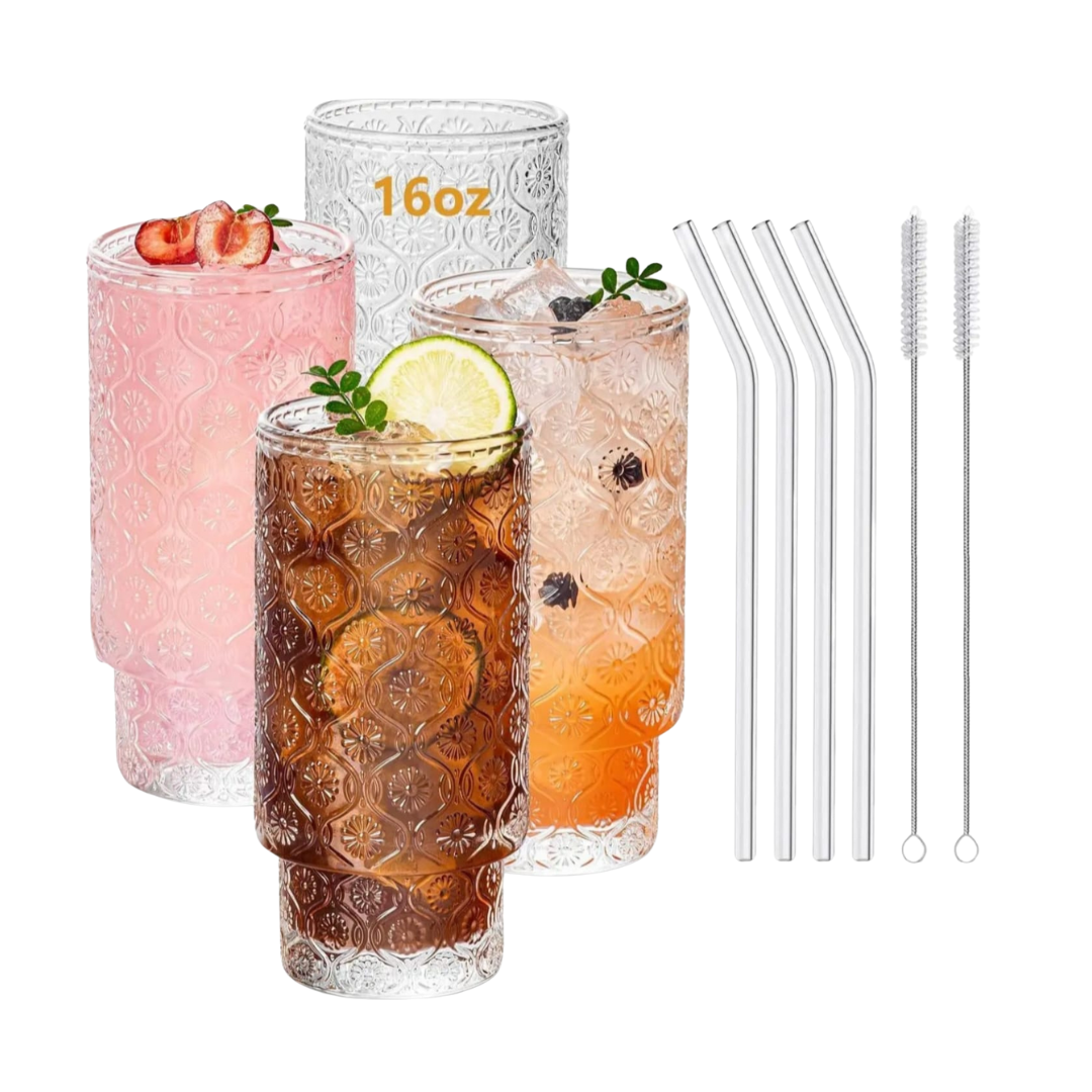 Set of 4 Ribbed Juice Glasses with Bamboo Lids & Straws – 330ml Crystal Highball Cups