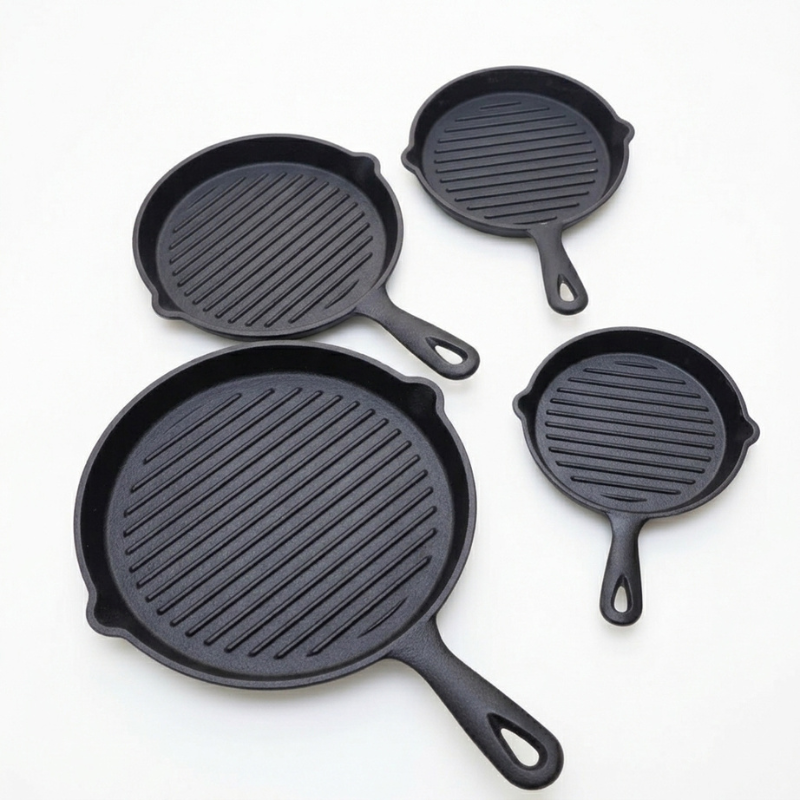 4 In 1 Pre-Seasoned Cast Iron Ribbed Skillet, Grill & BBQ Pan Set 4pc
