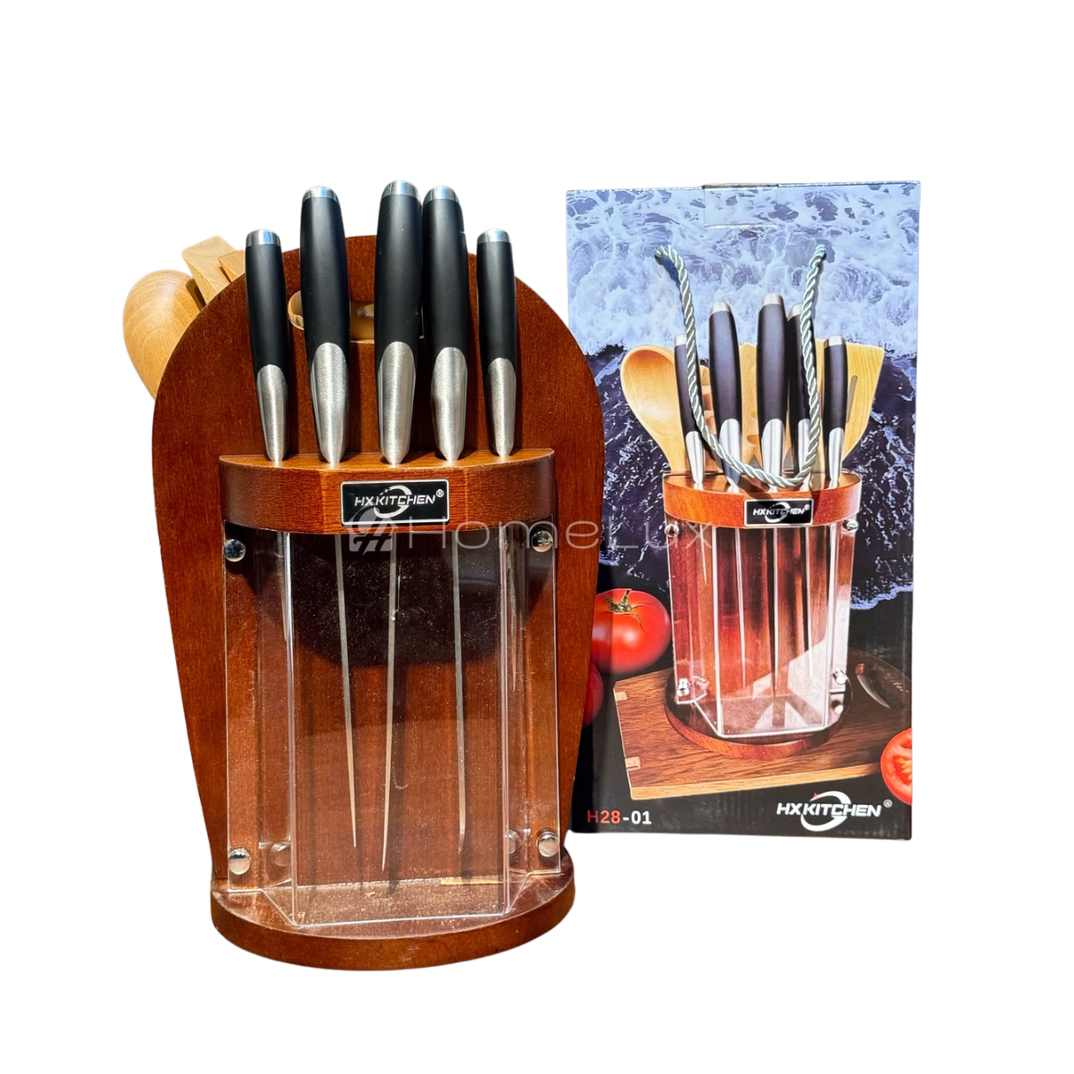 Premium 12 Piece Stainless Steel Kitchen Knife Set with Rotating Wooden & Acrylic Knife Block Holder Stand, 5pc Wooden Cooking Utensil Set & Chopping Cutting Board