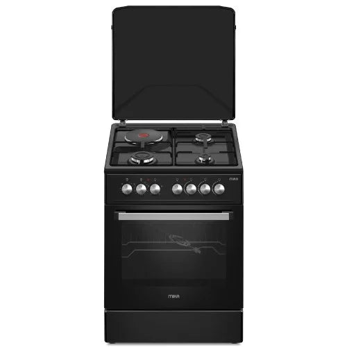 MIKA Standing Cooker, 50cm x 60cm, 3 Gas Pool Jet Burners + 1 RAPID Hot Plate, Button Ignition, 4 Function Electric Oven, Rotisserie, Full Black