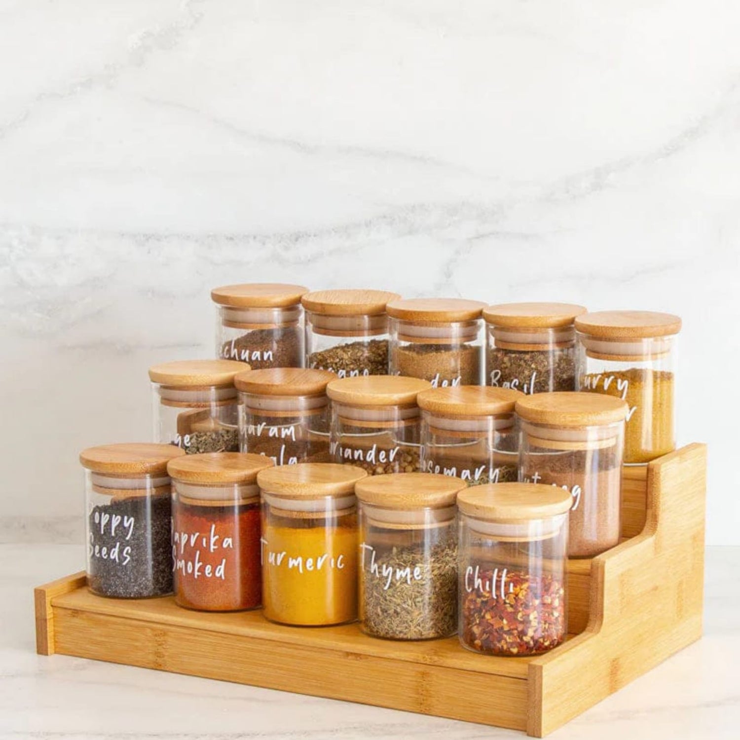 12pcs Borosilicate Airtight Spice Jar Set with Bamboo Stand – 250ml