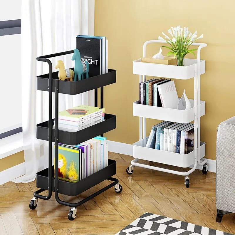 Multi Functional Movable Trolley Storage Rack Plastic Shelves with Metallic Stand and Wheels