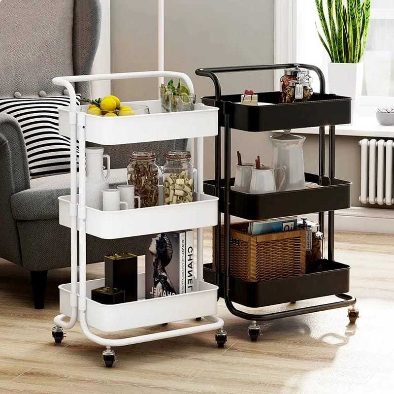 Multi Functional Movable Trolley Storage Rack Plastic Shelves with Metallic Stand and Wheels