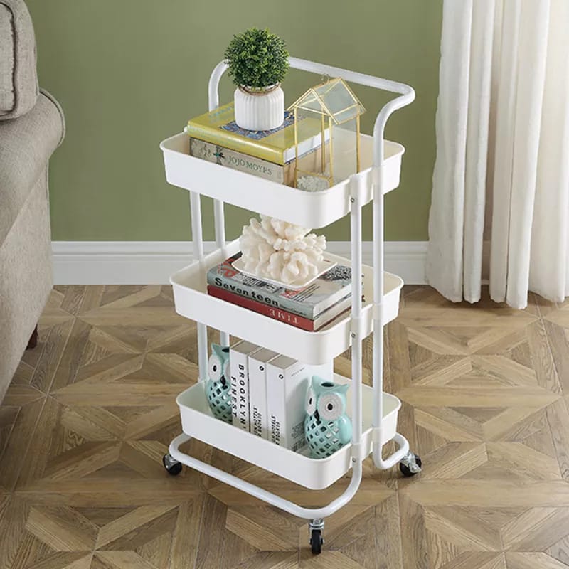 Multi Functional Movable Trolley Storage Rack Plastic Shelves with Metallic Stand and Wheels