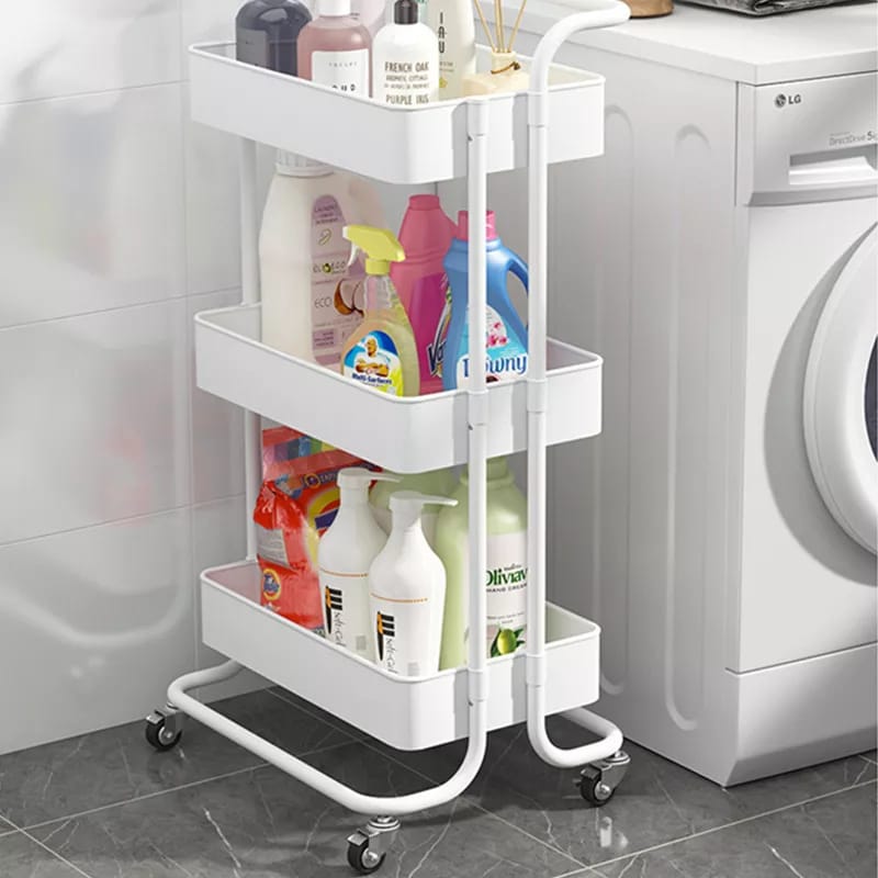 Multi Functional Movable Trolley Storage Rack Plastic Shelves with Metallic Stand and Wheels