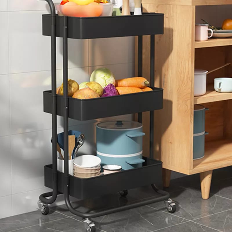 Multi Functional Movable Trolley Storage Rack Plastic Shelves with Metallic Stand and Wheels