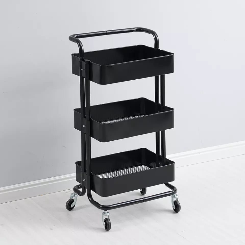 Multi Functional Movable Trolley Storage Rack Plastic Shelves with Metallic Stand and Wheels