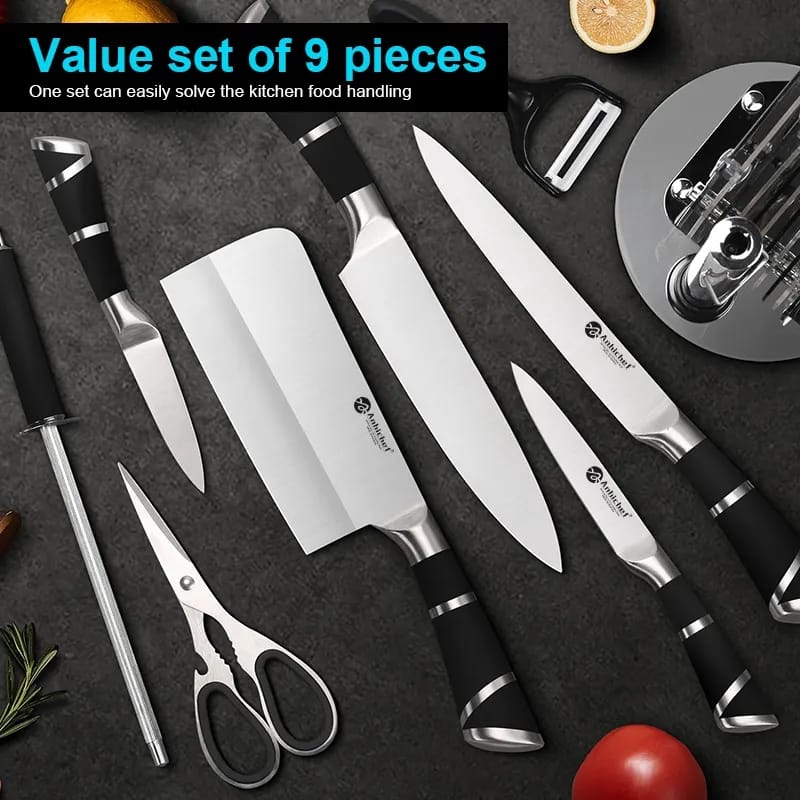 9-Piece Stainless Steel Kitchen Knife Set with Acrylic Block, Shears & Sharpener