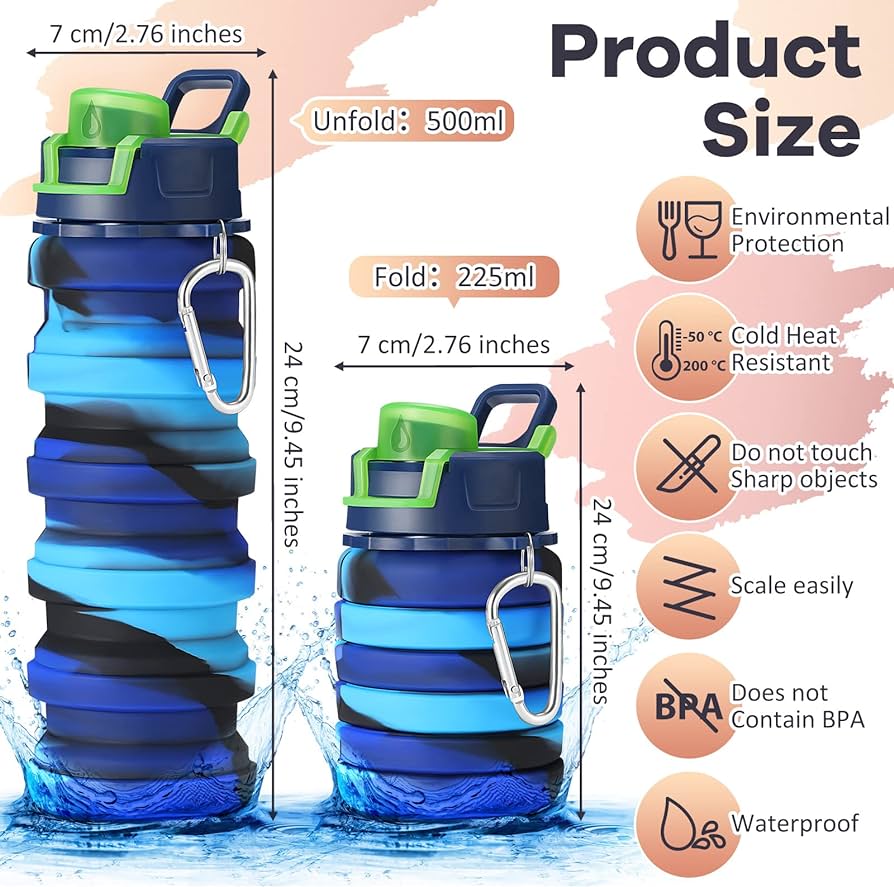 Multicoloured 500ml silicone collapsible water bottle