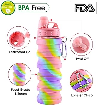 Multicoloured 500ml silicone collapsible water bottle