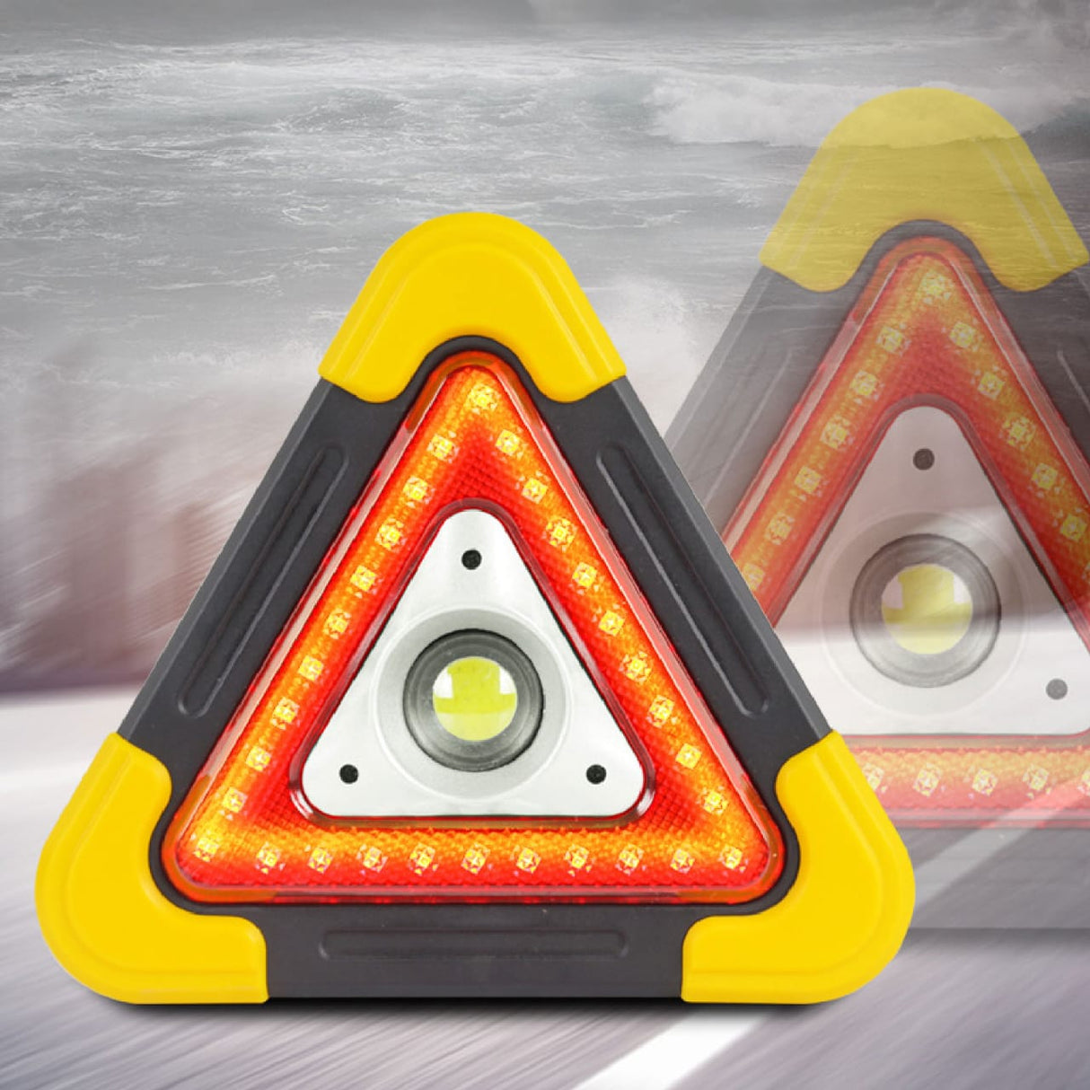 Battery powered 3 mode triangle warning light stand.
