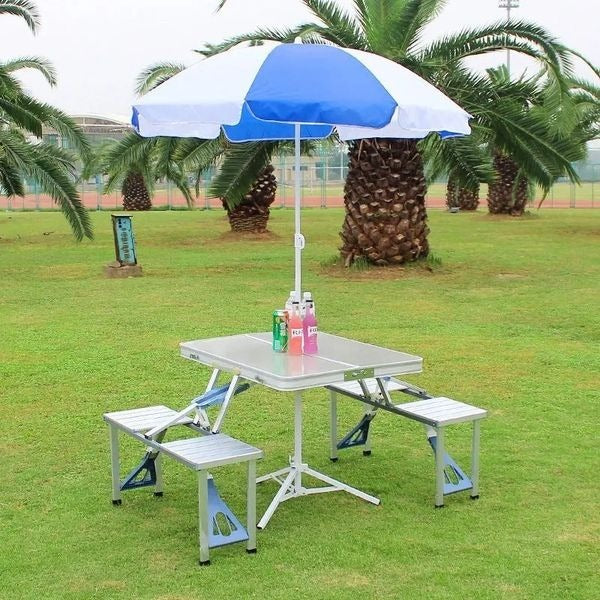 Portable Outdoor camping table Aluminum folding table with 4 Chairs and an umbrella.